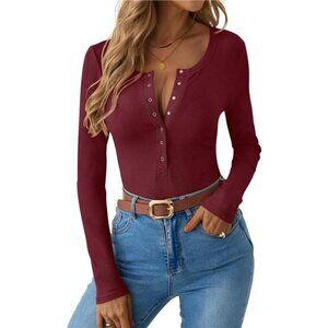 Ribbed Henley Long Sleeve Top - Slim Fit Knit Shirt with Button Detail